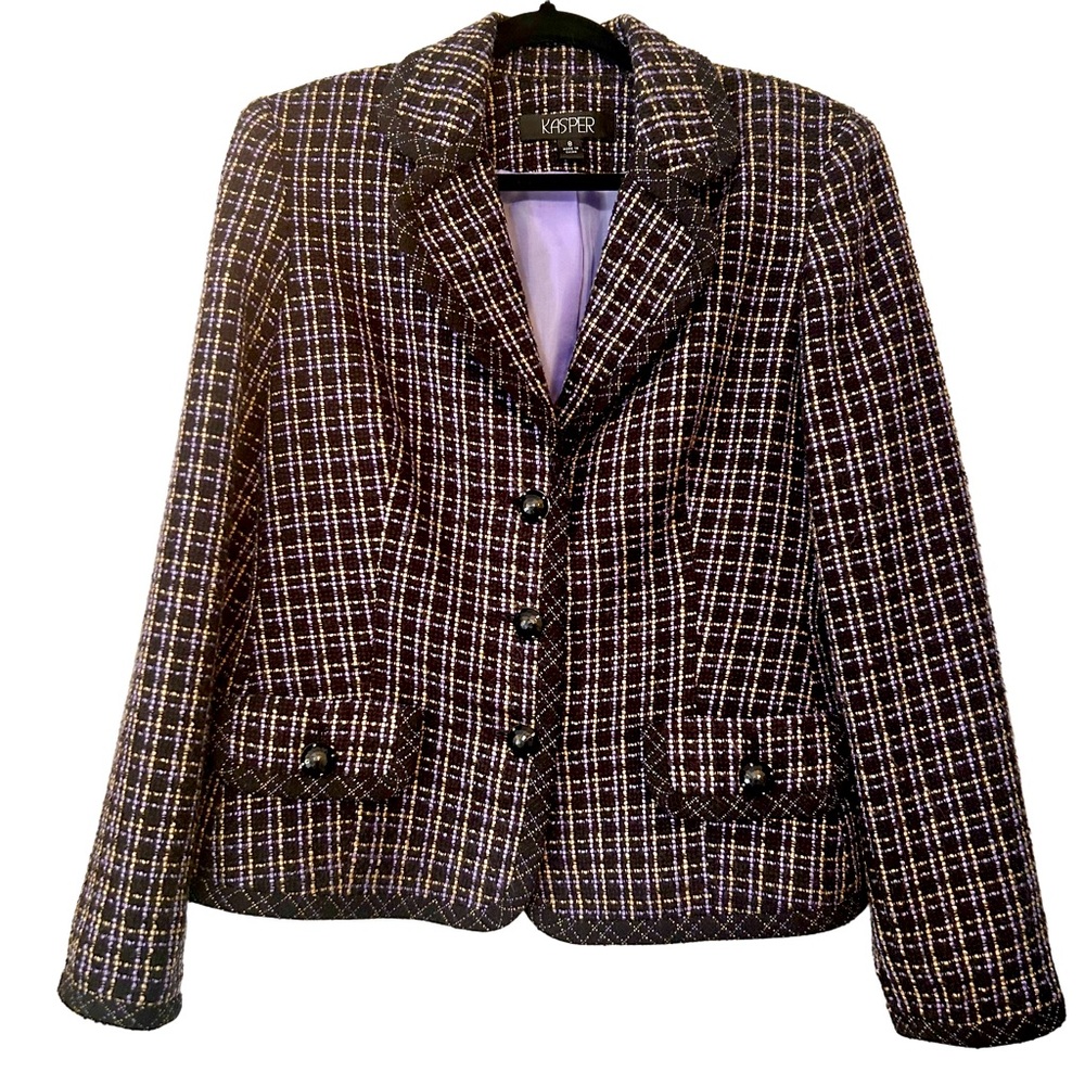 KASPER Tweed Blazer Size 8. Black/Purple/Tan Career Jacket EUC